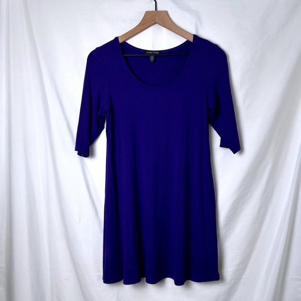 EILEEN FISHER Womens 3/4 Sleeve Scoop Neck Midi Dress Purple Size S Relaxed